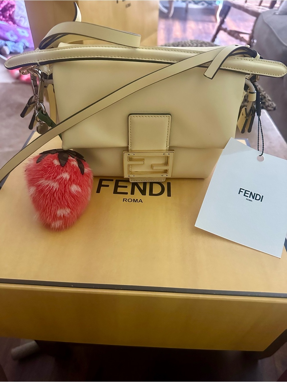 Fendi Cream Leather Crossbody with Red Strawberry Pom Charm